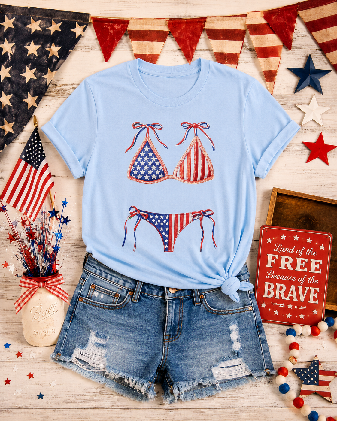 Patriotic Bikini Graphic T-Shirt – American Flag 4th of July Tee