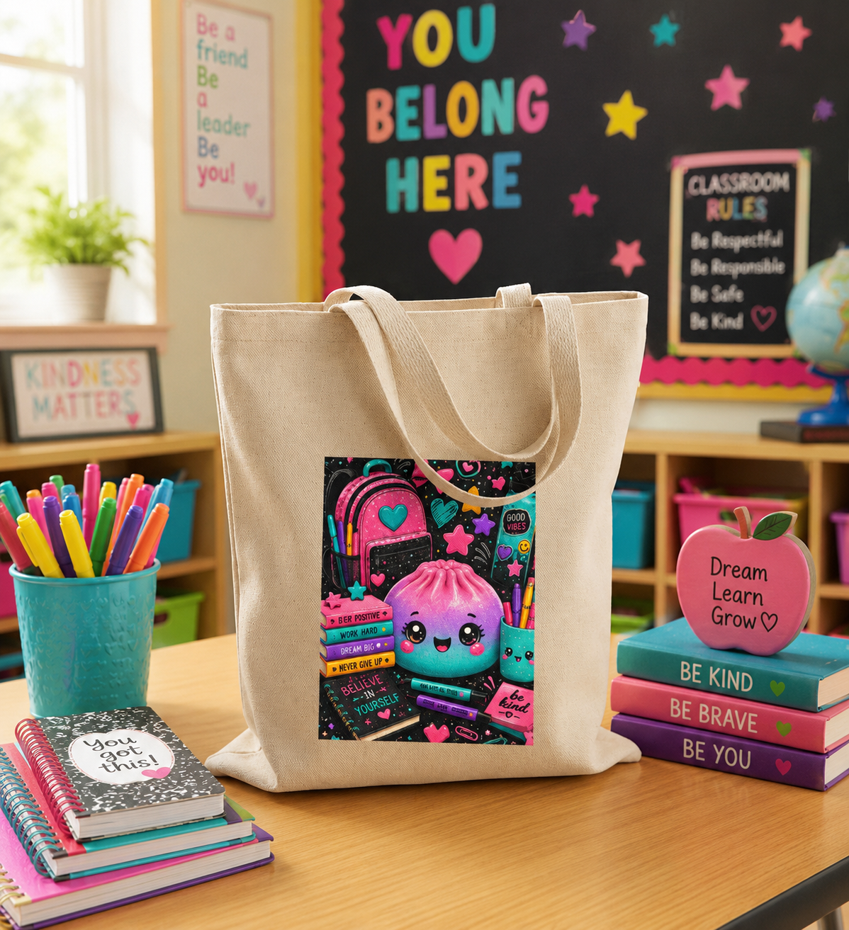 Cute Dumpling  Study Tote Bag — Pastel Back-to-School Canvas Tote with 'Study' Stationery Design